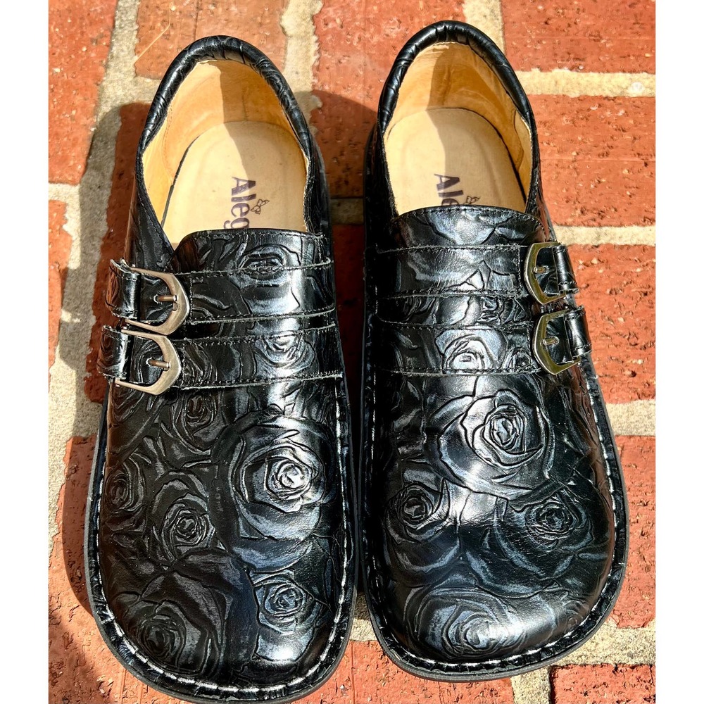 NWOT Alegria Size 40 9.5-10) Alli Black Embossed Rose Buckle Shoes
